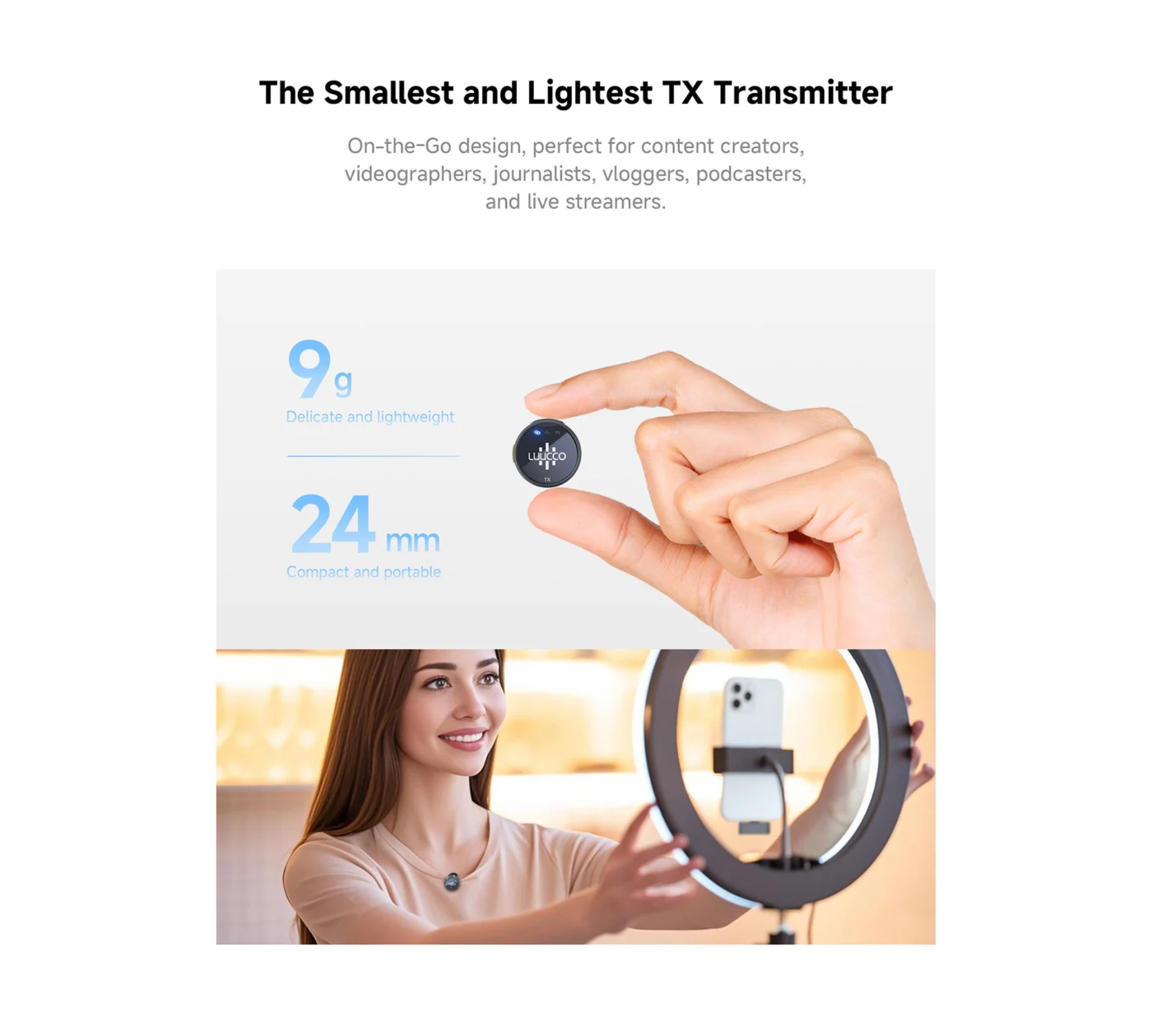 LUUCCO AirWave Mini, micrófono inalámbrico lavalier compacto, vista 2
